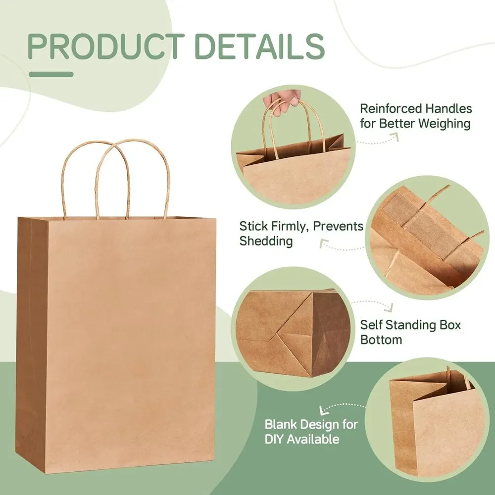 100 Pcs Gift Brown Paper Bags with Handles Bulk 8x4.5x10.8 Inch Medium Kraft+